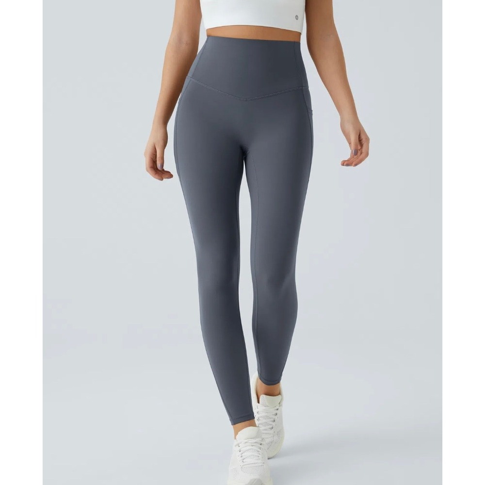 Halara High Waisted Leggings Gray XS 7/8 Side Pockets V-Seam Athletic Pants NEW